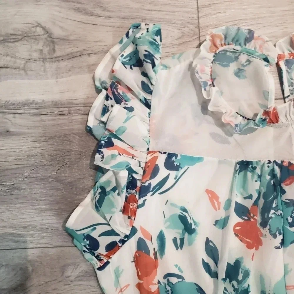 bebe White Floral Mini Dress with Teal and Coral Accents - Picture 3 of 14